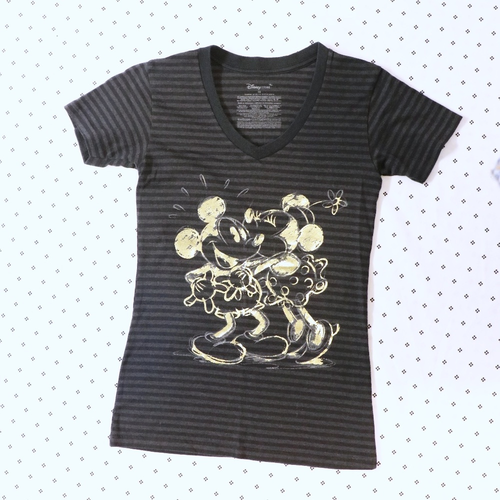 Mickey and Minnie Gold Foil Kiss Black Striped Tee
